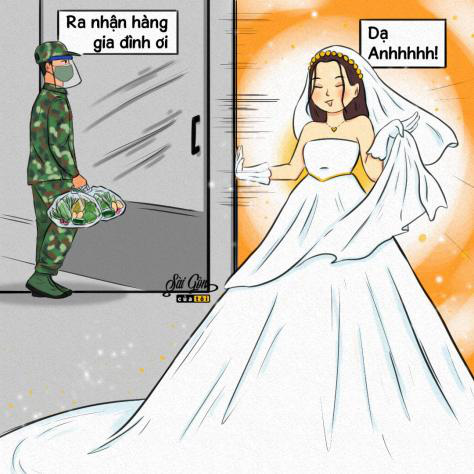 Tranh vẽ chị em mặc sẵn v&aacute;y cưới chờ ch&uacute; bộ đội đến trao lương thực tại nh&agrave;.