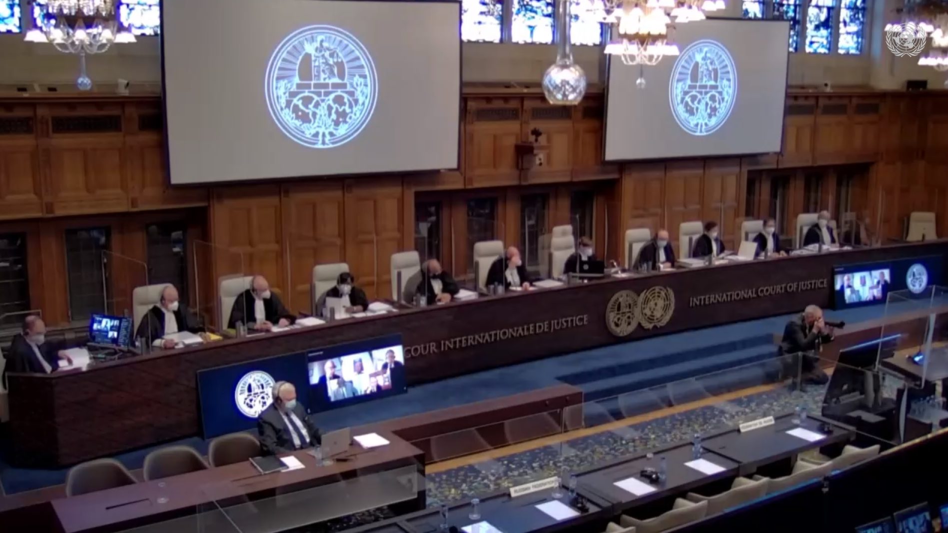 Quang cảnh phiên điều trần vụ Ukraine kiện Nga tại Tòa án Công lý Quốc tế ngày 7/3/2022. Ảnh: media.un.org.