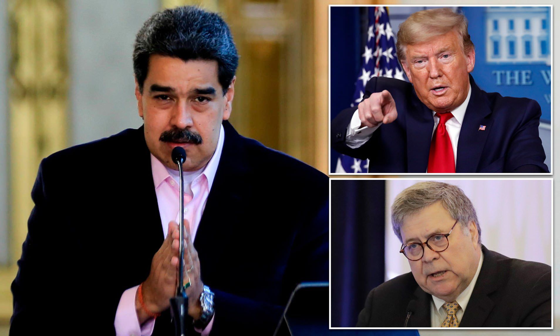 Tổng thống Venezuela Maduro, Tổng thống Mỹ Donald Trump và Tổng Chưởng lý Mỹ Barr. Ảnh: DailyMail.