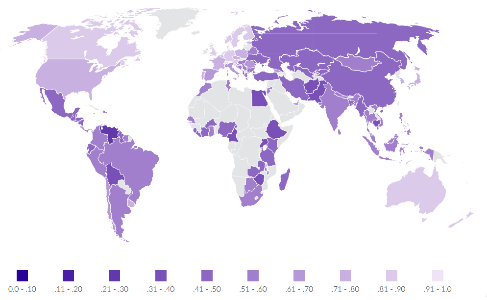 Bản đồ chỉ số pháp quyền thế giới, càng nhạt nền pháp quyền càng yếu. Ảnh: chụp màn hình.