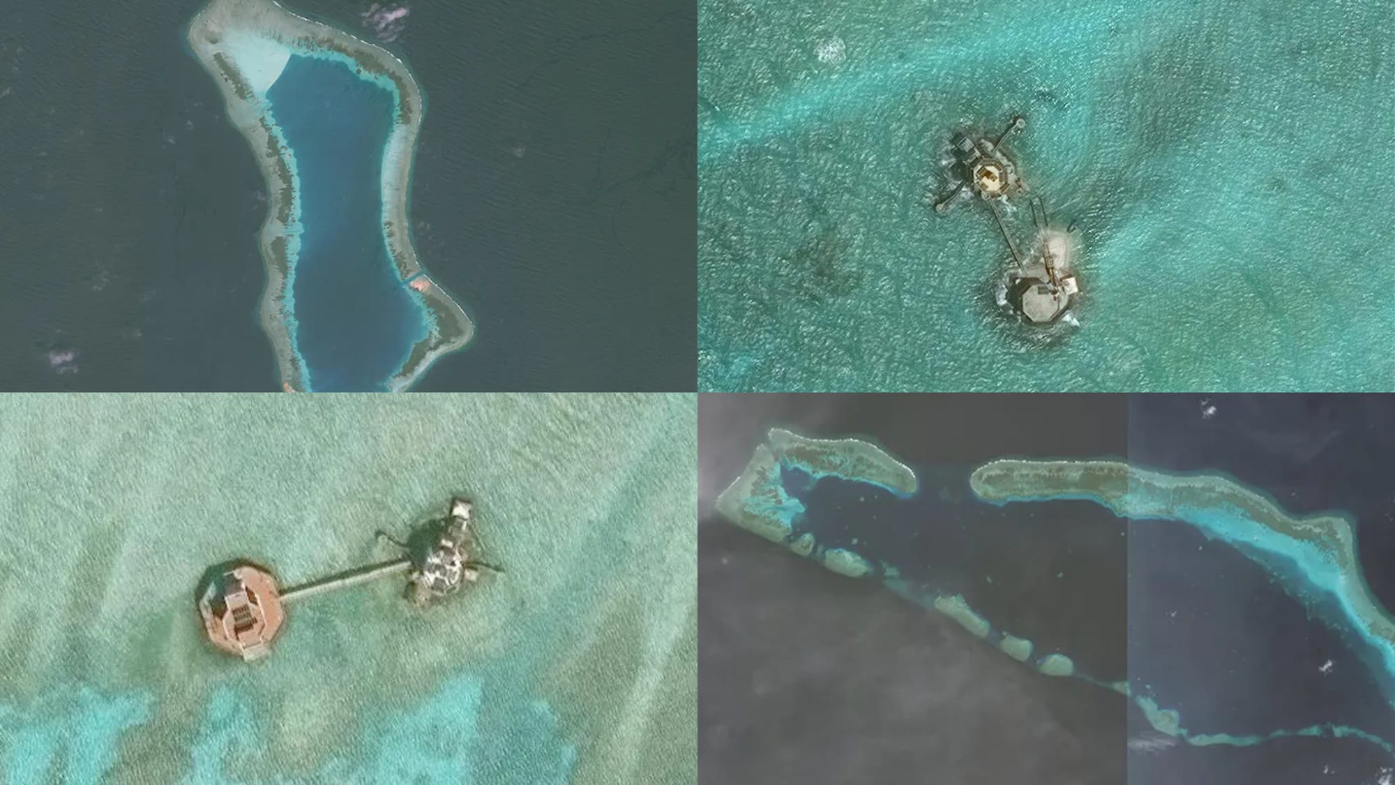 Ảnh chụp toàn cảnh và cận cảnh hoạt động bồi đắp của Việt Nam ở Đá Núi Le (ảnh trái), Đá Tốc Tan (ảnh phải) từ vệ tinh. Nguồn ảnh: Digital Globe, MAXAR, CSIS/AMTI.