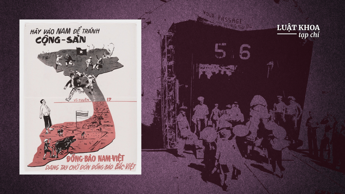 Ảnh: Áp phích tuyên truyền kêu gọi người miền Bắc di cư vào Nam trong cuộc di cư Việt Nam năm 1954. Nguồn: NARA Catalog - National Archives. Đồ hoạ: Thanh Tường / Luật Khoa.