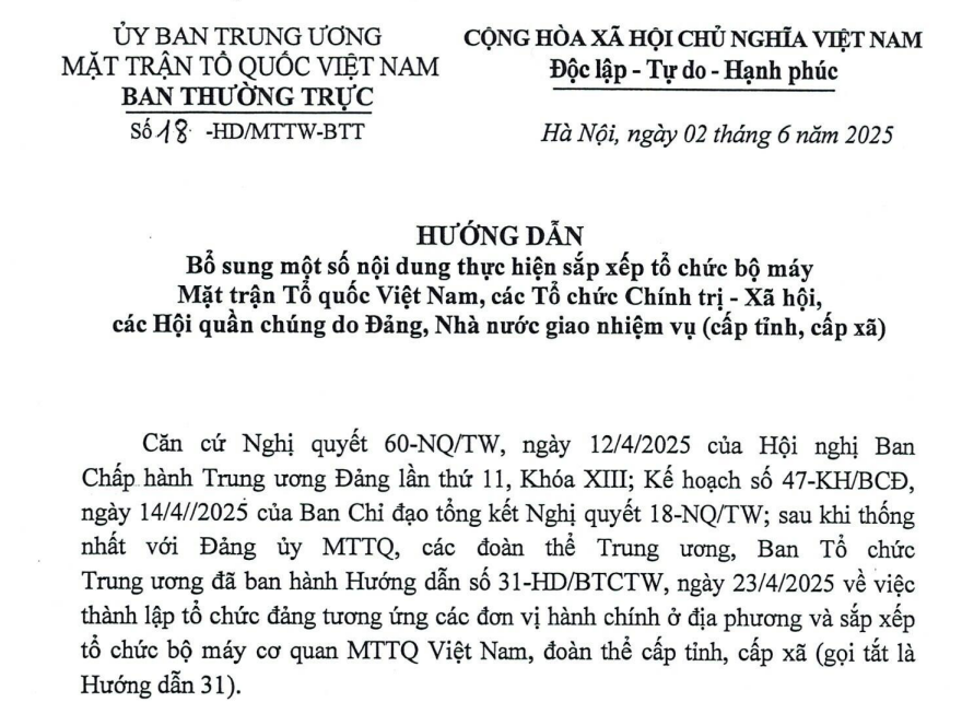 Hướng dẫn 18-HD/MTTW-BTT bổ sung nội dung sắp xếp bộ m&aacute;y MTTQ Việt Nam. Nguồn: Thư viện ph&aacute;p luật.