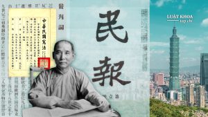 Dân chủ hóa tại Đài Loan - Kỳ 1: Học thuyết Tôn Trung Sơn và nền tảng tư tưởng lập hiến. Hình ảnh Tôn Trung Sơn và bài xã luận trên tờ Dân Báo năm 1905 về "Chủ nghĩa Tam Dân" (hình nền). [Đây là lần đầu tiên các ý tưởng được trình bày bằng văn bản. Khái niệm đầu tiên xuất hiện trên tờ Dân Báo năm 1905 là "Tam đại chủ nghĩa" (三大 主義, Ba nguyên tắc lớn) thay vì "Tam dân chủ nghĩa" (三民主義) như ngày nay.] Và trang đầu tiên của bản Hiếp pháp Trung Hoa Dân Quốc năm 1947. Nguồn ảnh: Public domain/Shanghai Museum. Đồ họa: Thanh Tường/Luật Khoa.