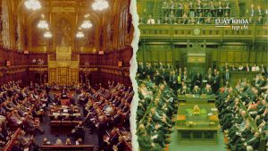 Phiên họp ở Thượng viện Anh (bên trái) và Hạ viện Anh (bên phải). Nguồn ảnh: BBC News. Ảnh minh họa: Thanh Tường/Luật Khoa.