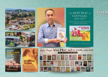 Giáo sư Vũ Tường và một số tác phẩm của Trung tâm Nghiên cứu Việt - Mỹ. Ảnh: Trà Nhiên/Người Việt, US-Vietnam Research Center. Đồ họa: Thiên Tân/Luật Khoa.