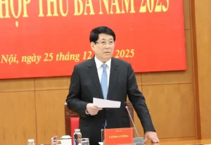 Chủ tịch nước Lương Cường phát biểu trong phiên họp của Ban Chỉ đạo Cải cách Tư pháp Trung ương, 25/12/2025, tại Hà Nội. Ảnh: Nguyễn Hoàng / Báo điện tử Chính phủ.